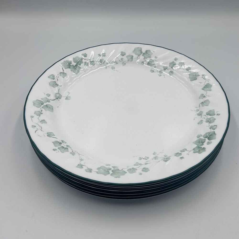 Corelle English Ivy Dinner Plates Set of 7 Green Vine White Swirl Rim Vitrelle
